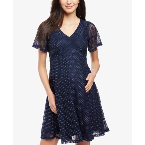 Motherhood Dresses & Skirts - MOTHERHOOD Maternity Navy Blue & Gold Polka Dot Short Sleeve Lace Dress sz M